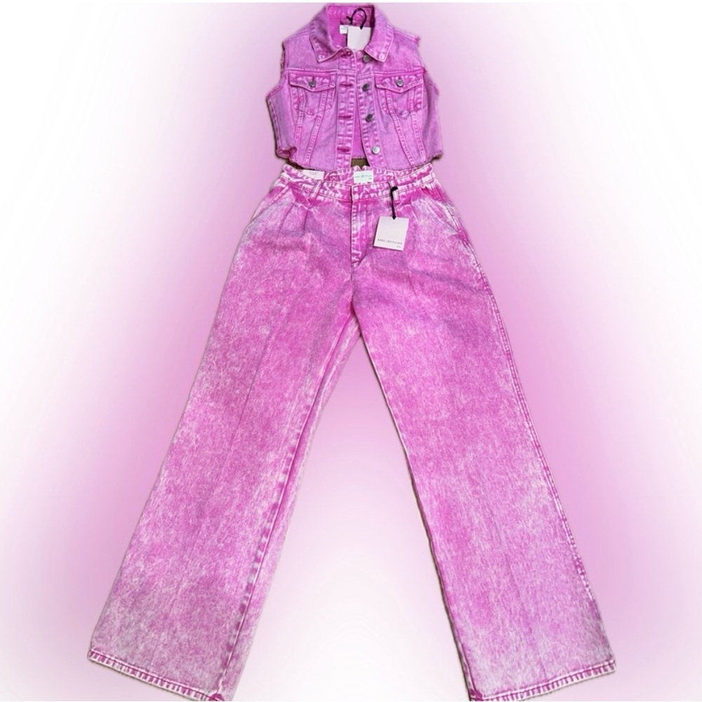 Avec Les Filles Pink Pleated Denim Trousers & Vest